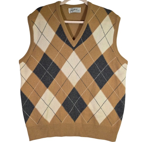 Vintage SAKS Fifth Avenue Men's L Camel Argyle Cashmere Sweater Vest Scotland‎